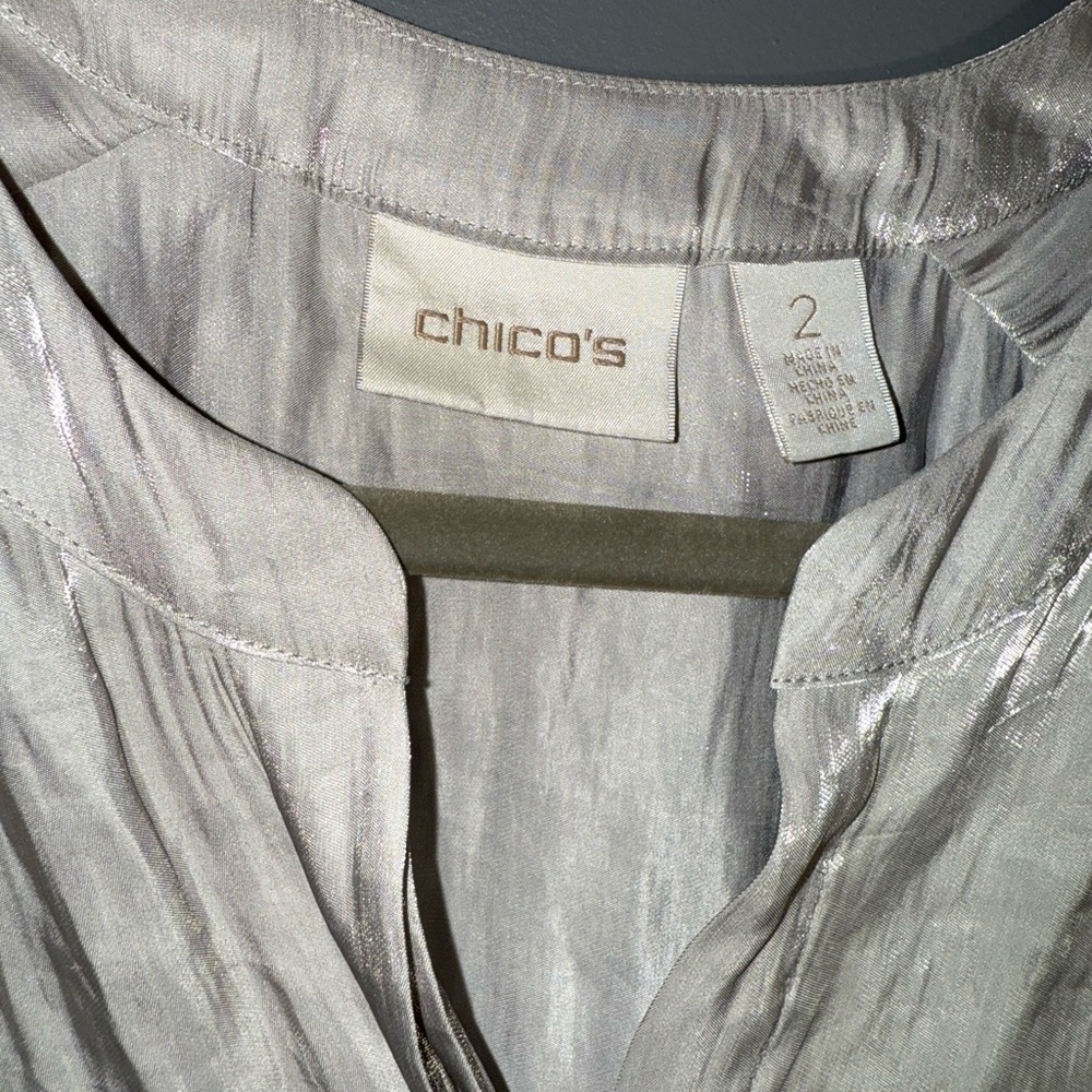 Chico's 2 XL Metallic Soft Gray Button-Down Shirt - Picture 2 of 7